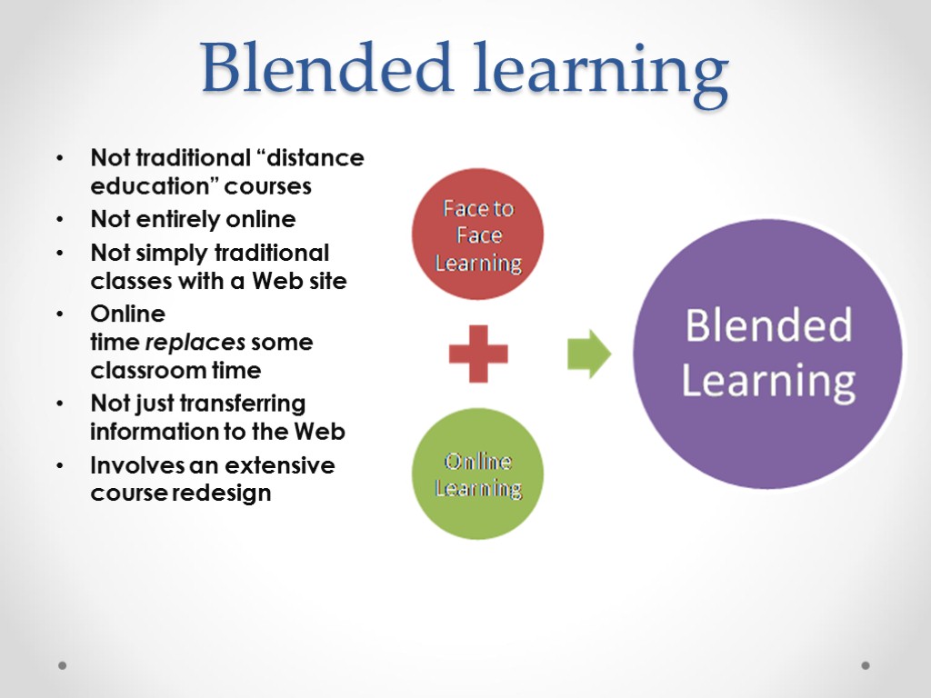 Blended learning Not traditional “distance education” courses Not entirely online Not simply traditional classes